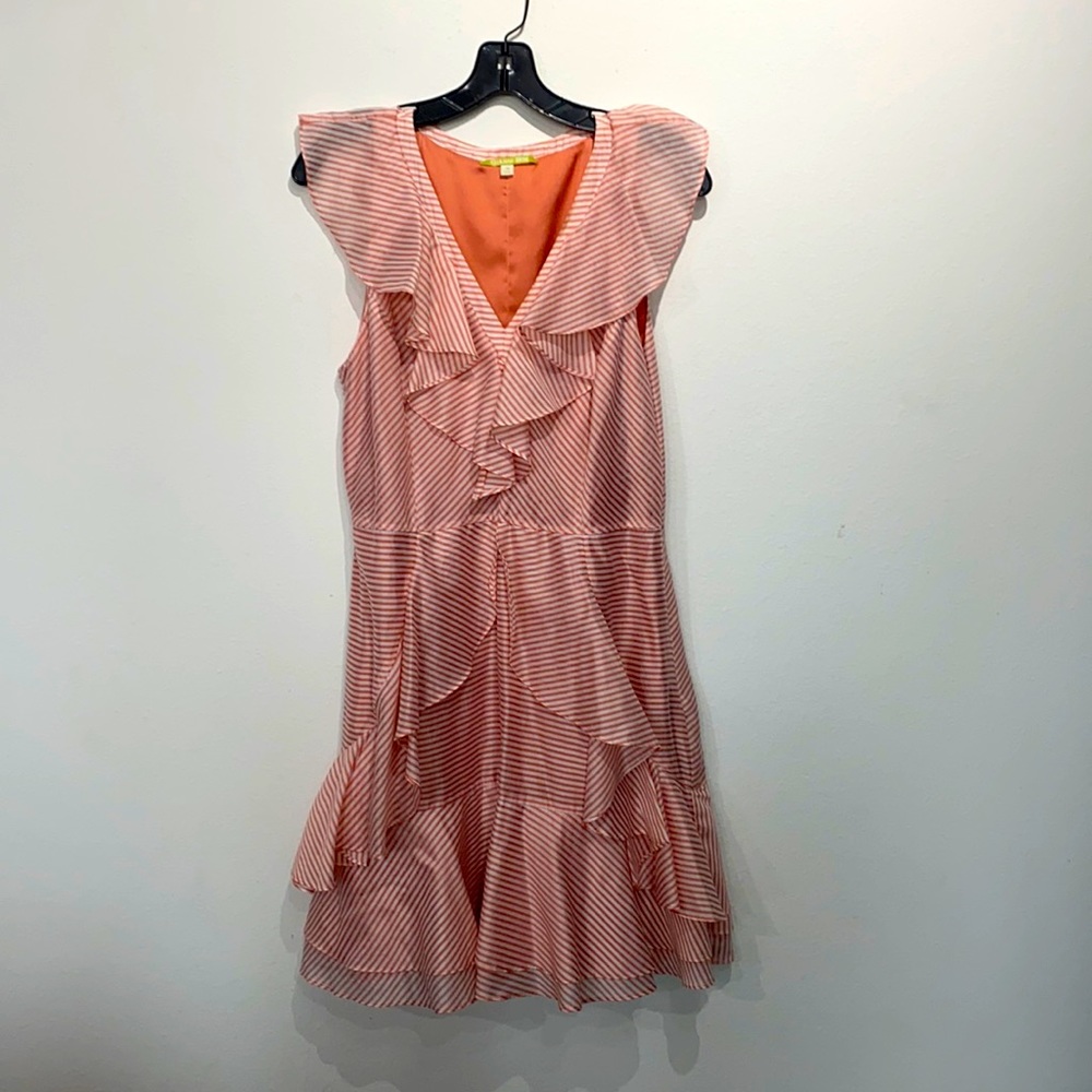 FLIRTY GIANNI BINI WHITE AND BLUSH ROSE STRIPED RUFFLED DRESS!
